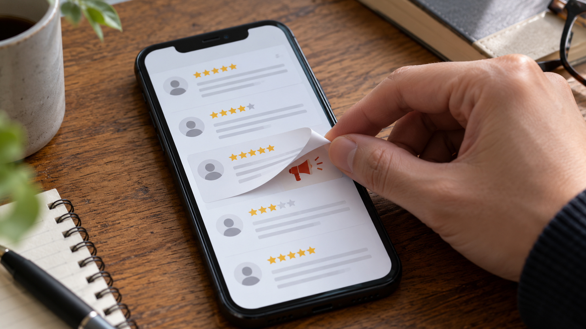 口コミ評価が表示されたスマートフォンを手に持つ様子