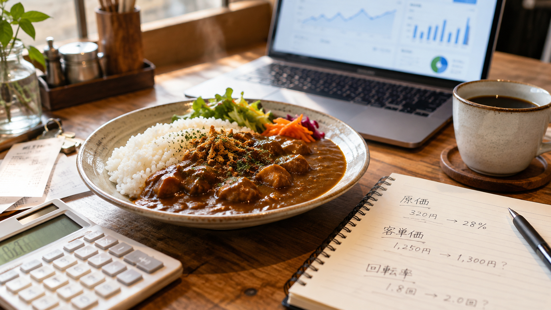 カレーと電卓、売上グラフを表示したパソコンを並べた机