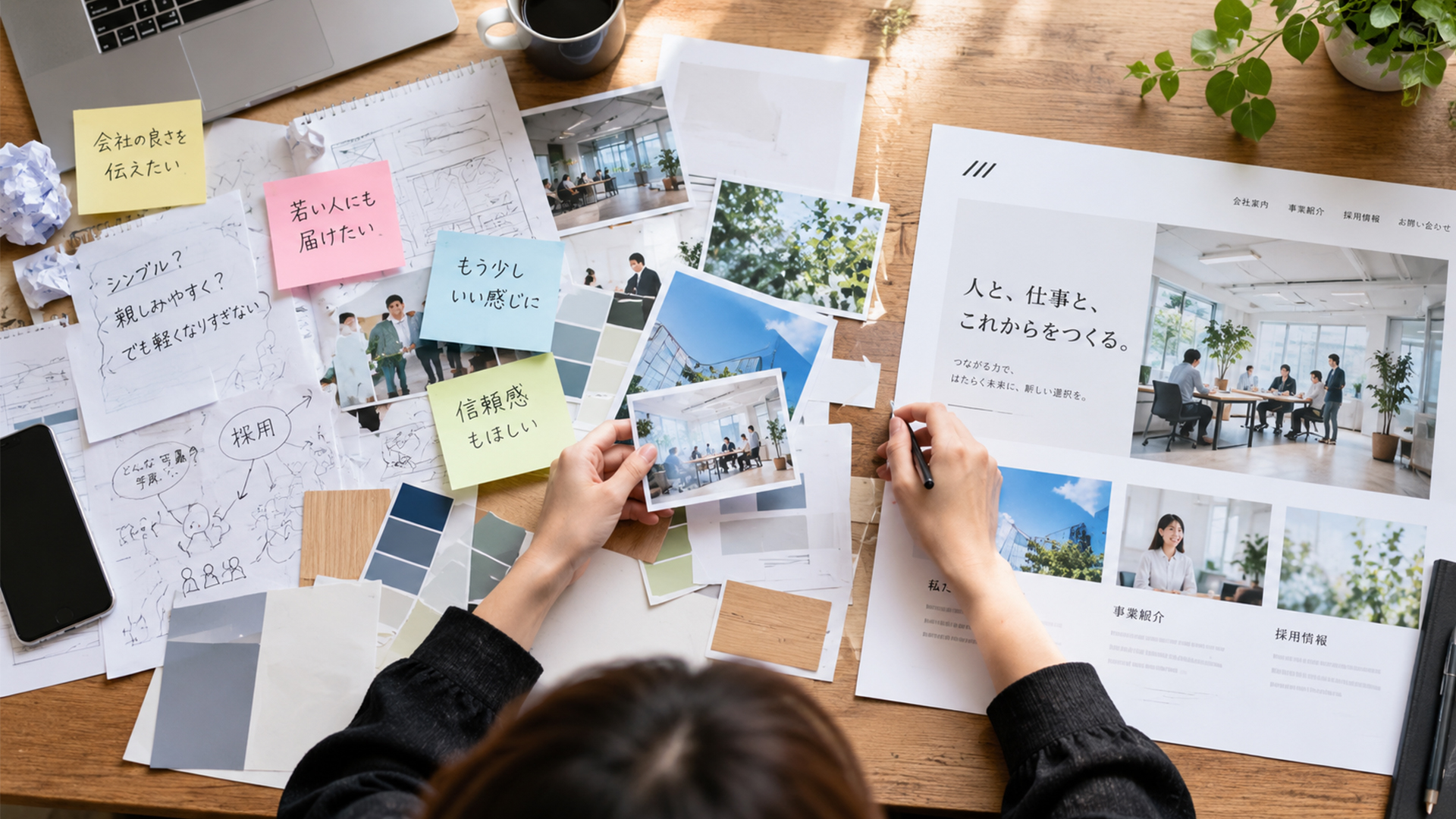 ホームページやパンフレットの制作に向けて、写真やデザイン案、資料を広げながら構成を検討する様子