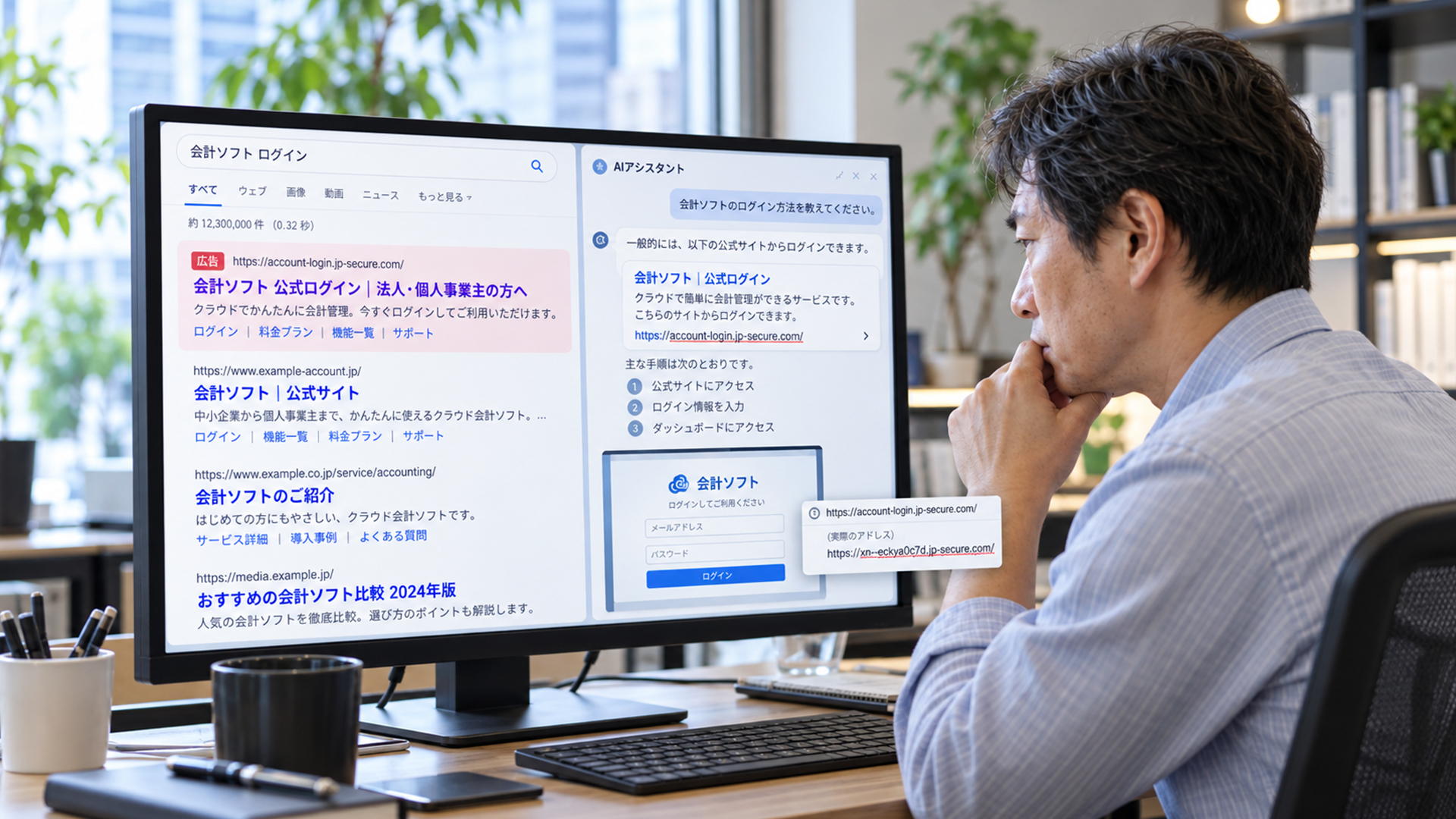 検索結果の広告とAI回答に表示されたログイン先を確認する男性